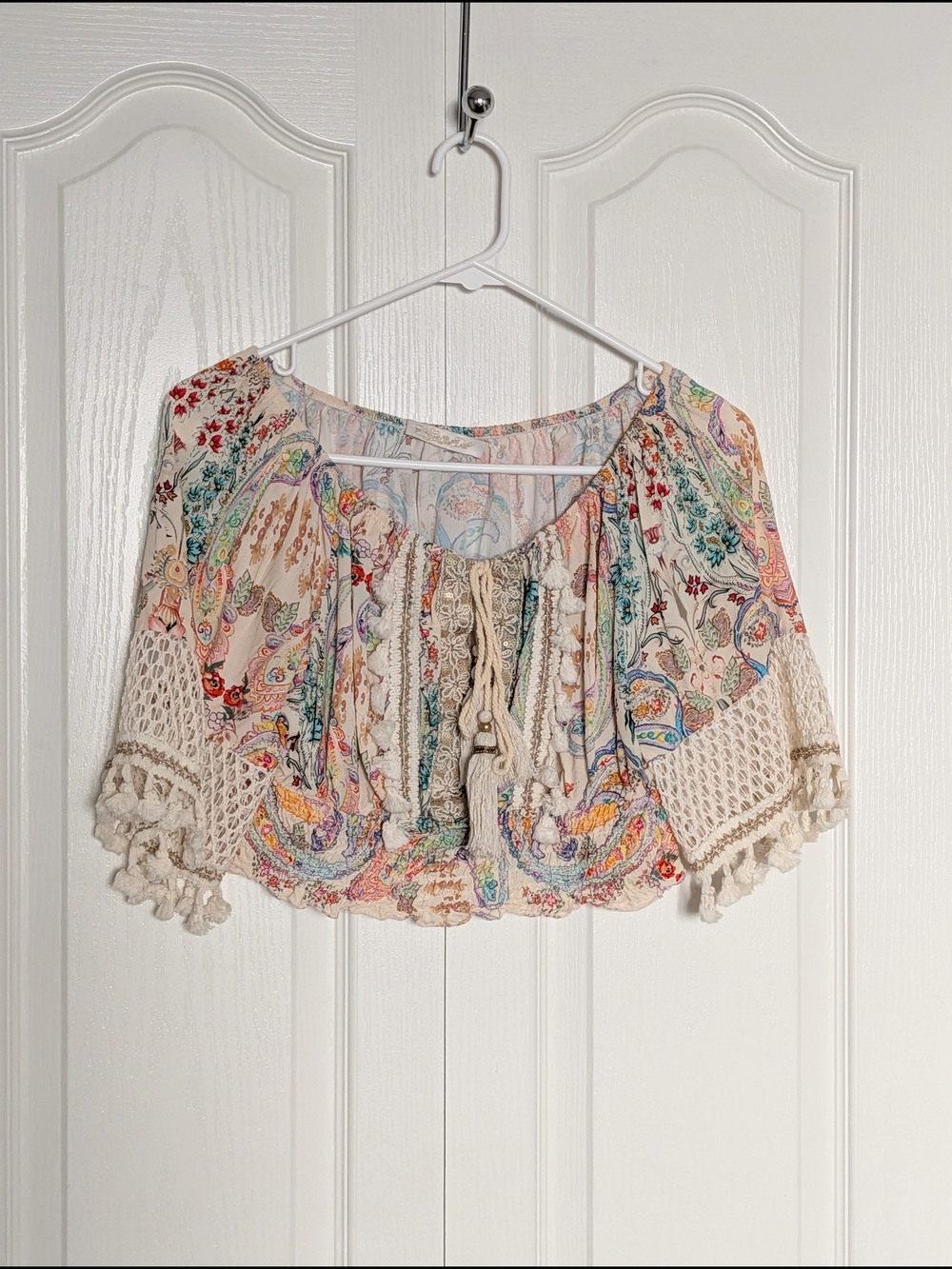 Multicolor Boho Cropped Peasant Top - Cream Base